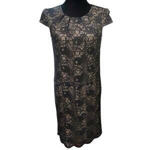 Gerard Darel Lace Sheath Dress, Black Nude Lined Cap Sleeve, Size 36 (US 4)